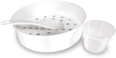 Hamilton Beach steaming basket, rice paddle, measuring container, shown on a white background.