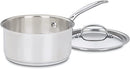  A polished stainless steel Cuisinart 2-quart saucepan with a lid and long handle, displayed on a white background.