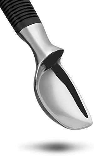 A heavy-duty silver metal ice cream scooper with a black ergonomic handle, shown with its dimensions: 8.5 inches long and 2.25 inches wide.