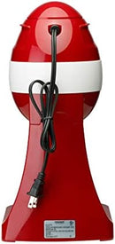 Red snow cone maker with a colorful paper cone.