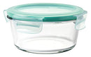 OXO Good Grips 4-cup round glass food storage container with airtight locking lid on a white background.