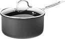 A black 3-quart nonstick saucepan with a glass lid and stainless steel handle on a white background.