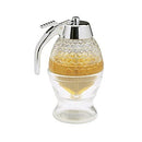 Clear beehive-shaped glass honey dispenser with a chrome lid and handle, resting in a matching glass base.