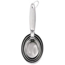 Set of four stainless steel oval measuring cups with stamped handles from Cuisipro, includes 1/4 to 1 cup sizes