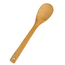 A light-colored bamboo wooden cooking spoon with a long handle and a hanging hole at the end.