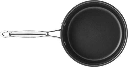 A black 3-quart nonstick saucepan and stainless steel handle on a white background.