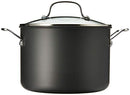 A black hard-anodized 8-quart stockpot with glass lid and stainless steel handles, shown on a white background.