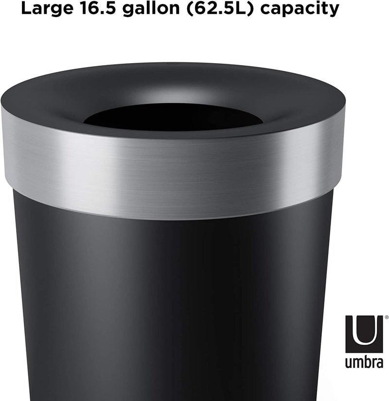 Umbra Vento Open Top 16.5-Gallon Kitchen Trash Large, Garbage Can for Indoor, Outdoor or Commercial Use, Black/Nickel