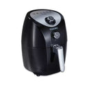 A compact, black electric air fryer with a silver top control panel, two dial controls (temperature and timer), and a removable basket with a silver handle.
