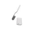 Joseph Joseph grey and white silicone toilet brush with flexible D-shaped head and slimline holder.