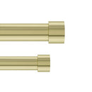 Two brushed brass curtain rods, one thicker and one thinner, both with simple, cylindrical end caps.
