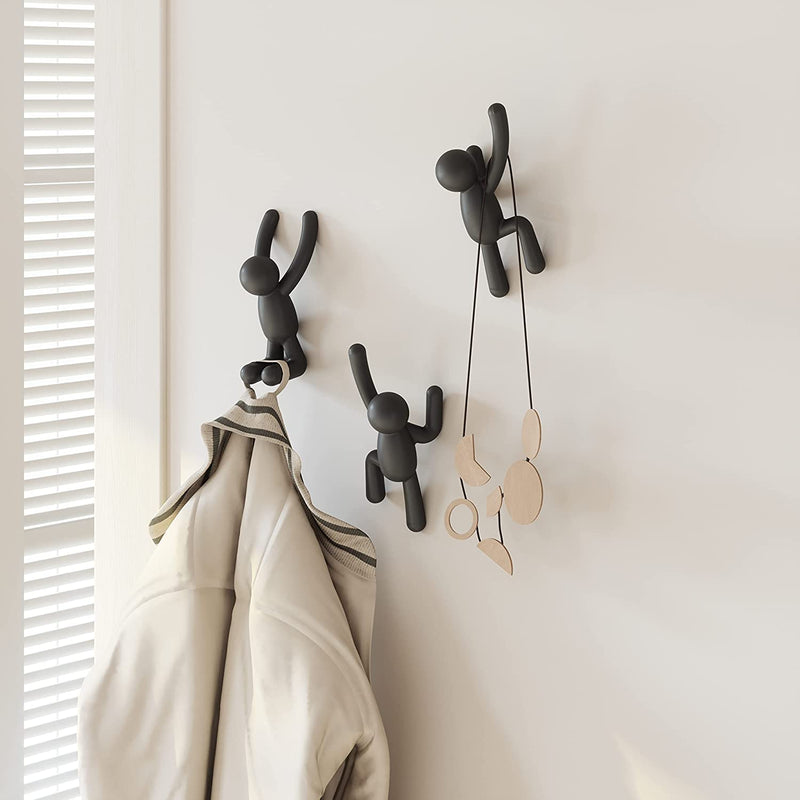 Umbra Buddy Wall Hooks – Decorative Wall Mounted Coat Hooks for Hanging Coats, Scarves, Bags, Purses, Backpacks, Towels and More, Set of 3, Black