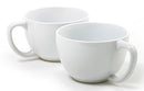A set of two oversized, round, white ceramic mugs with large handles, suitable for coffee, tea, or soup.