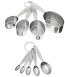 A product photo of two sets of stainless steel measuring utensils. The top image shows four measuring cups of different sizes, and the bottom image shows five measuring spoons of various sizes, held together by a ring.