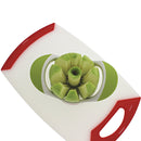 Stainless steel Elbee apple corer and wedger featuring a white body and vibrant green non-slip grips for safe and efficient fruit preparation.