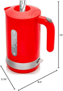 Dimensions for Red OVENTE 1.8L electric kettle with ProntoFill lid and water level window, displayed on a white background.