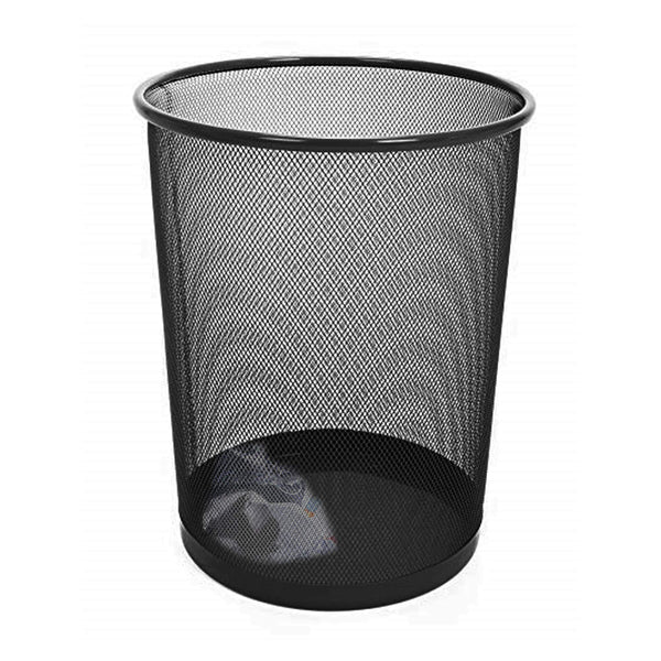 Black metal mesh wastebasket with a circular rim and sturdy base, designed for office or home use.