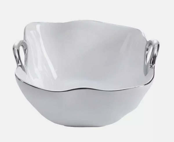 White Ceramic 5.5 Square Bowl wit Silver Handles