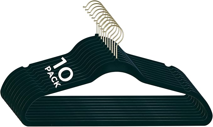 Pack of 10 black velvet hangers with gold metal hooks, non-slip design for clothes and coats.