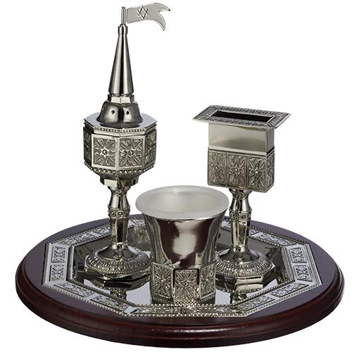 NIckel Havdallah Set 4 Piece with Wood Base
