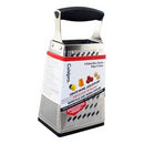 Stainless steel four-sided box grater with black handle.