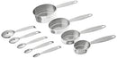 A product photo of two sets of stainless steel measuring utensils. The top image shows four measuring cups of different sizes, and the bottom image shows five measuring spoons of various sizes, held together by a ring.