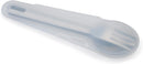 A stainless steel knife, fork, and spoon with black and silver handles, next to a translucent white rigid case. The handles are designed to fit together for compact storage.