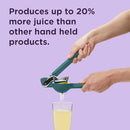 A side view of a teal-colored Chef'n FreshForce Lemon Squeezer, showcasing its ergonomic design with two long handles, and visible chrome-plated metal components at the hinge and pressing mechanism.