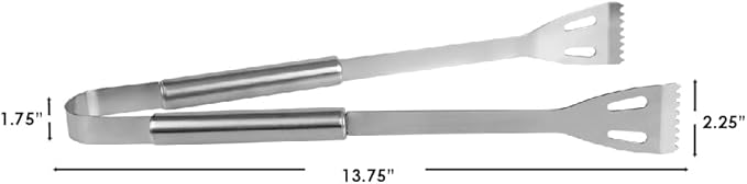 Dimensions for Stainless steel BBQ tongs with long handles and ridged edges, positioned on a white background.