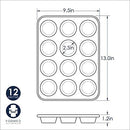 Dimensions for  Nordic Ware natural aluminum 12-cup muffin pan with evenly spaced round cavities on a white background.