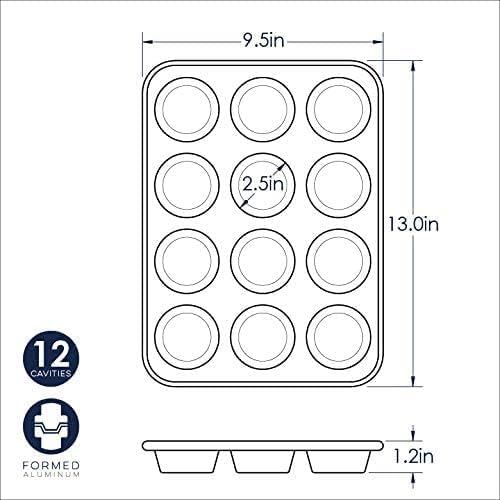 Dimensions for  Nordic Ware natural aluminum 12-cup muffin pan with evenly spaced round cavities on a white background.
