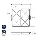 Dimensions for A Nordic Ware Procast Mini Scone Pan with 16 triangular cavities shown on a white background.
