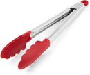 KitchenAid 12-inch stainless steel tongs with red silicone tips and handle, shown on a white background.