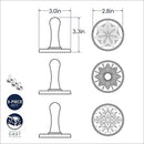 Dimensions for Nordic Ware set of three silver cast aluminum cookie stamps with midnight blue wooden handles, each with starry round designs, shown on a white background.