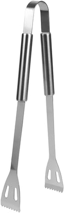 A pair of stainless steel serving tongs with brushed metal handles and ridged, fork-like gripping ends.