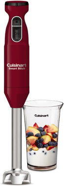 Red Cuisinart Smart Stick 2-Speed Hand Blender with stainless steel blending shaft and included mixing cup on a white background.