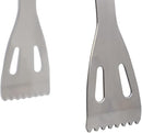 A pair of stainless steel serving tongs with brushed metal handles and ridged, fork-like gripping ends.