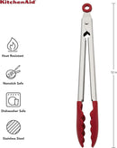 KitchenAid 12-inch stainless steel tongs with red silicone tips and handle, shown with measurements on a white background.