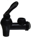 A black plastic replacement spigot for a commercial hot water urn, featuring a lever handle and a threaded base.
