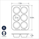 Dimensions for Nordic Ware natural aluminum 6-cup compact muffin pan with round cavities on a white background.
