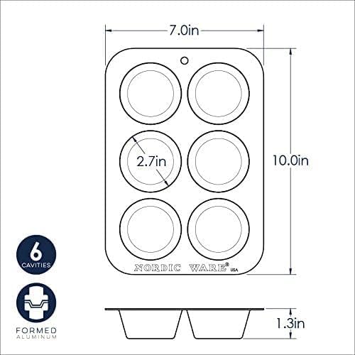 Dimensions for Nordic Ware natural aluminum 6-cup compact muffin pan with round cavities on a white background.