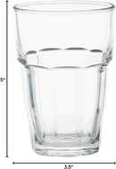 Single clear Bormioli Rocco Rock Bar 16.25 oz cooler glass standing upright with dimensions on a white background.