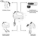 White electric hand mixer with two chrome beaters, showing its 150 watts of power, 5 variable speed settings with a slide control, and a beater eject button.