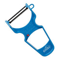 Blue Y-peeler with "Heavy Duty, Ultra Sharp Carbon Steel Swiss Blade" and "Easy Grip." Kosher-certified.