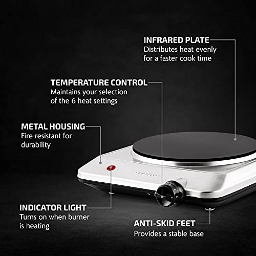 OVENTE Countertop Infrared Single Burner, 1000W Electric Hot Plate w/ 7.5” Ceramic Glass Cooktop, 6 Level Temperature Setting & Easy to Clean Base, Compact Stove for Home Dorm Office, Silver BGI201S