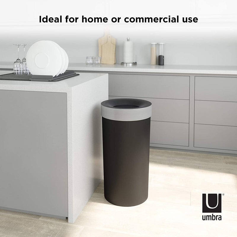 Umbra Vento Open Top 16.5-Gallon Kitchen Trash Large, Garbage Can for Indoor, Outdoor or Commercial Use, Black/Nickel