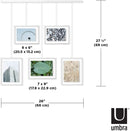 A contemporary white photo display featuring five square frames suspended from a horizontal bar by thin rods.