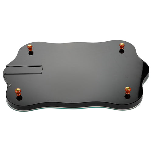 Elegant mahogany and faux leather challah tray with "Shabbat and Holidays" in Hebrew, and a bread knife.