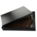 Elegant mahogany and faux leather challah tray with "Shabbat and Holidays" in Hebrew, and a bread knife.