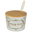 Ceramic Honey Dish with Gold Marble Print and Inscription Bamboo Cover